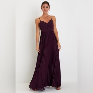 Lulus chiffon pleated burgundy plum maxi dress nwot